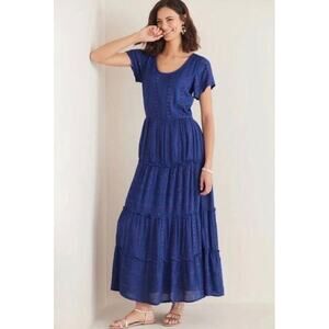 Soft Surroundings Blue Shimmer Short Sleeve Tiered Maxi Dress Size S Small